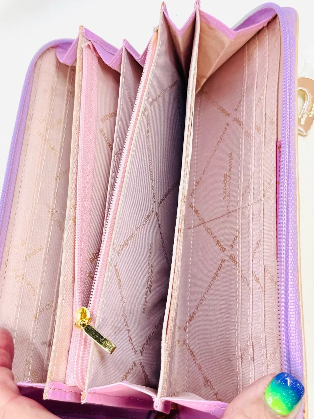 Pinky Wolman Full Sized Pink & Lavender Heart-Embossed Zip Around Wallet W/Charm